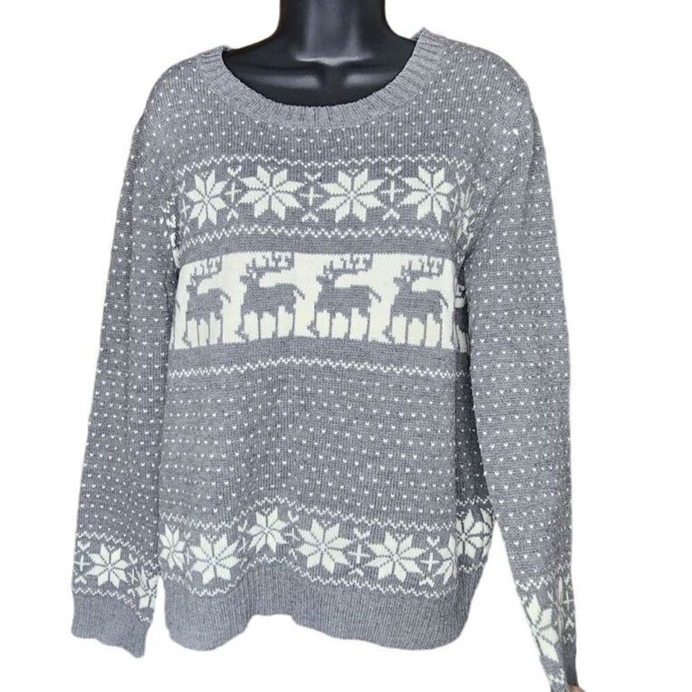 Pol Womans Gray and White Reindeer Holiday Sweater XL Cotton Blend